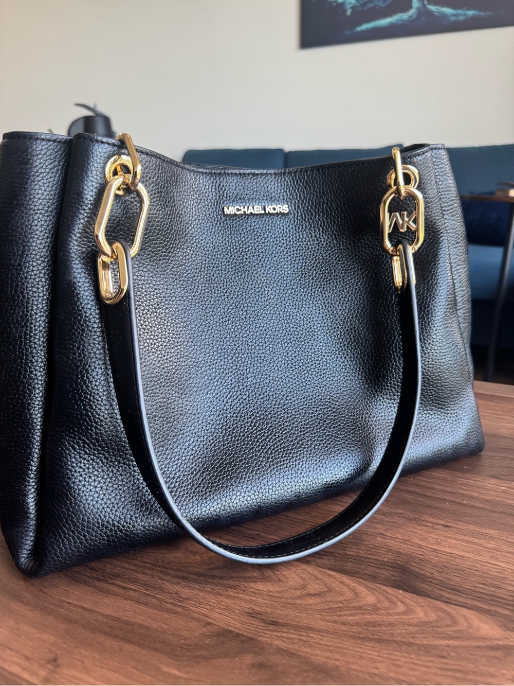 Michael Kors Black Pebbled Tote with Gold Hardware Accents